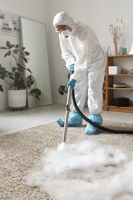 A woman using a yellow vacuum cleaner to deep clean a patterned area rug on a wooden floor in a living room. She is dressed in casual clothing with a beige jacket, dark jeans, and white sneakers. The 
